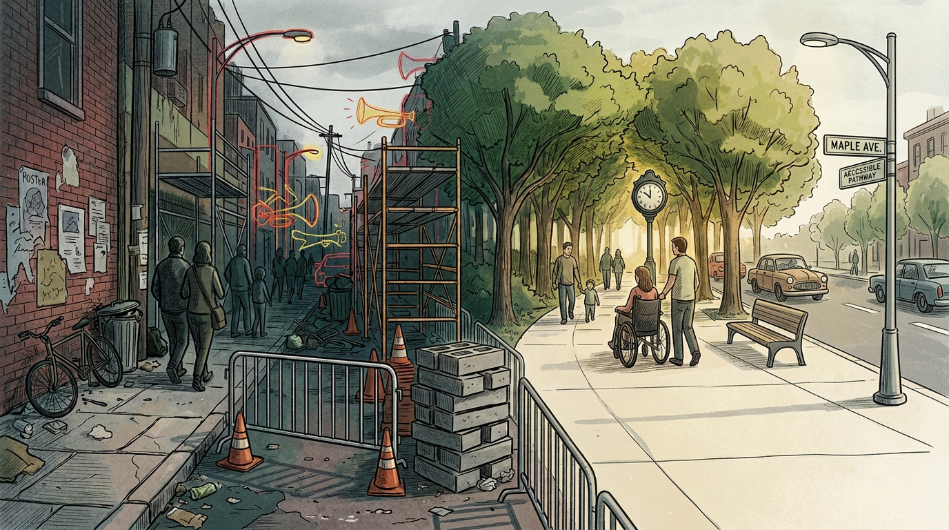Illustrated urban street showing a cluttered construction zone on one side and a clear, accessible pedestrian route with trees, seating and people on the other.