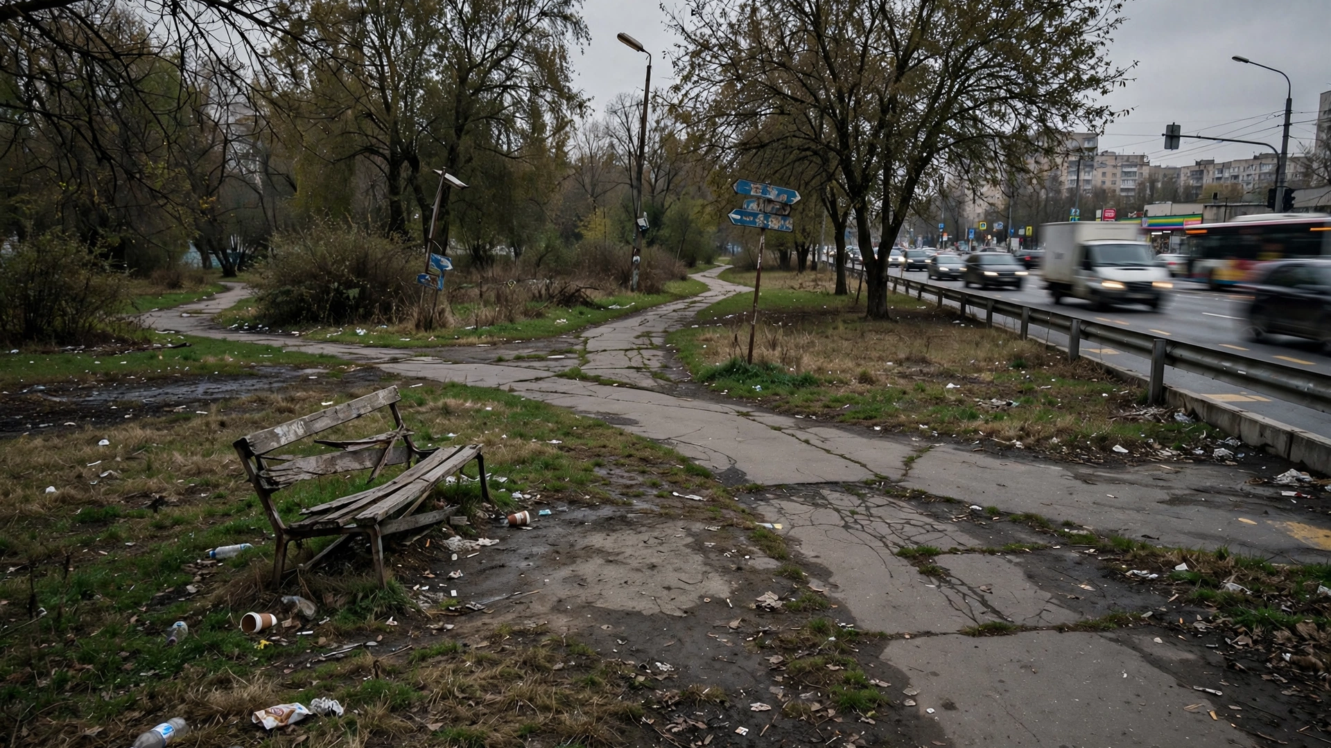 A neglected green area with a broken bench, litter and damaged paths beside a busy road.