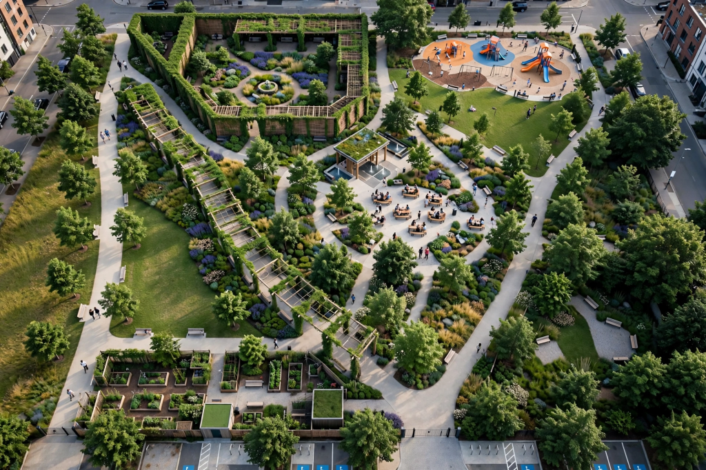 Zoned park: Aerial view of an urban park divided into areas for play, socialising, gardening, walking and quiet retreat.