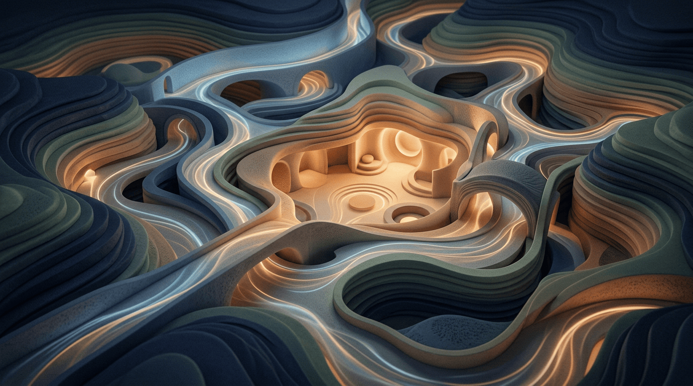 Abstract layered landscape with glowing pathways and a warm central chamber