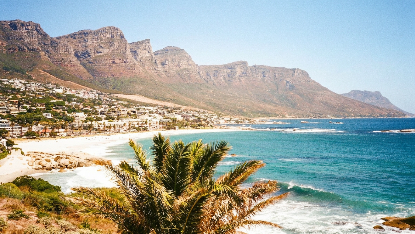 scenic view of cape town s camps bay beach A wide view of Camps Bay beach in Cape Town, South Africa. White sand and turquoise water curve along the coast, with white houses climbing the hillside below the steep, rocky Twelve Apostles mountain range. A palm tree in the foreground frames the bright blue ocean and clear sky.