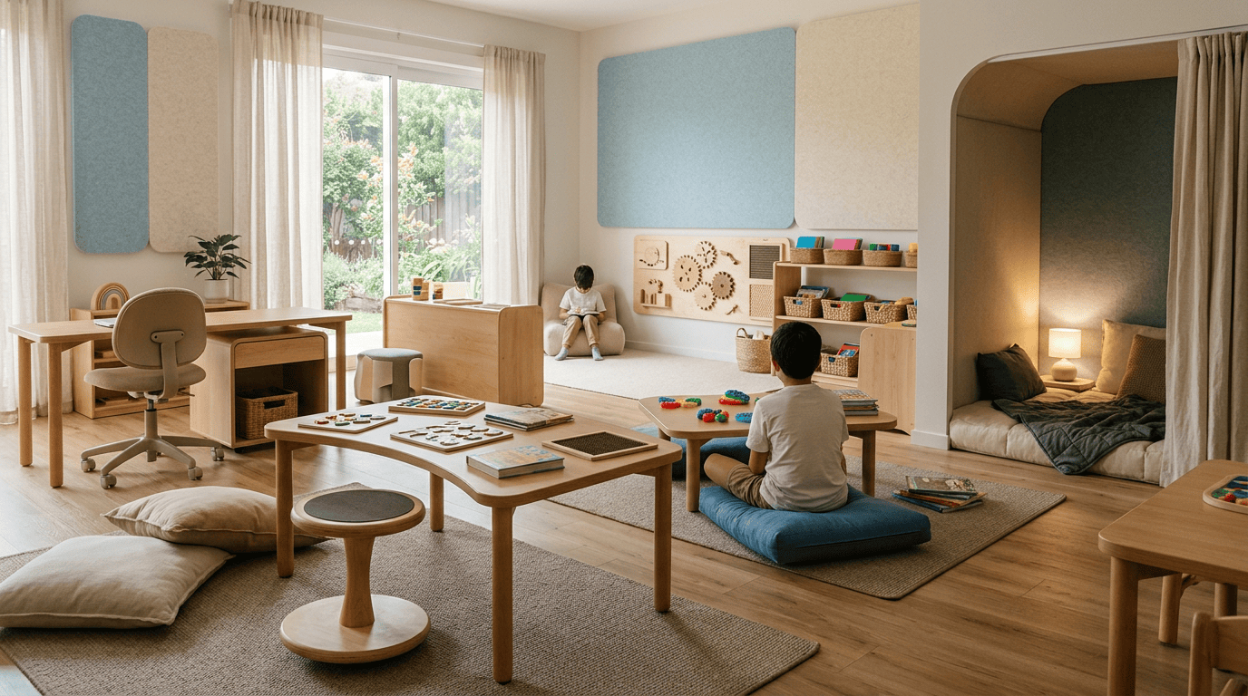 Children engaging with books and educational activities in a bright learning room