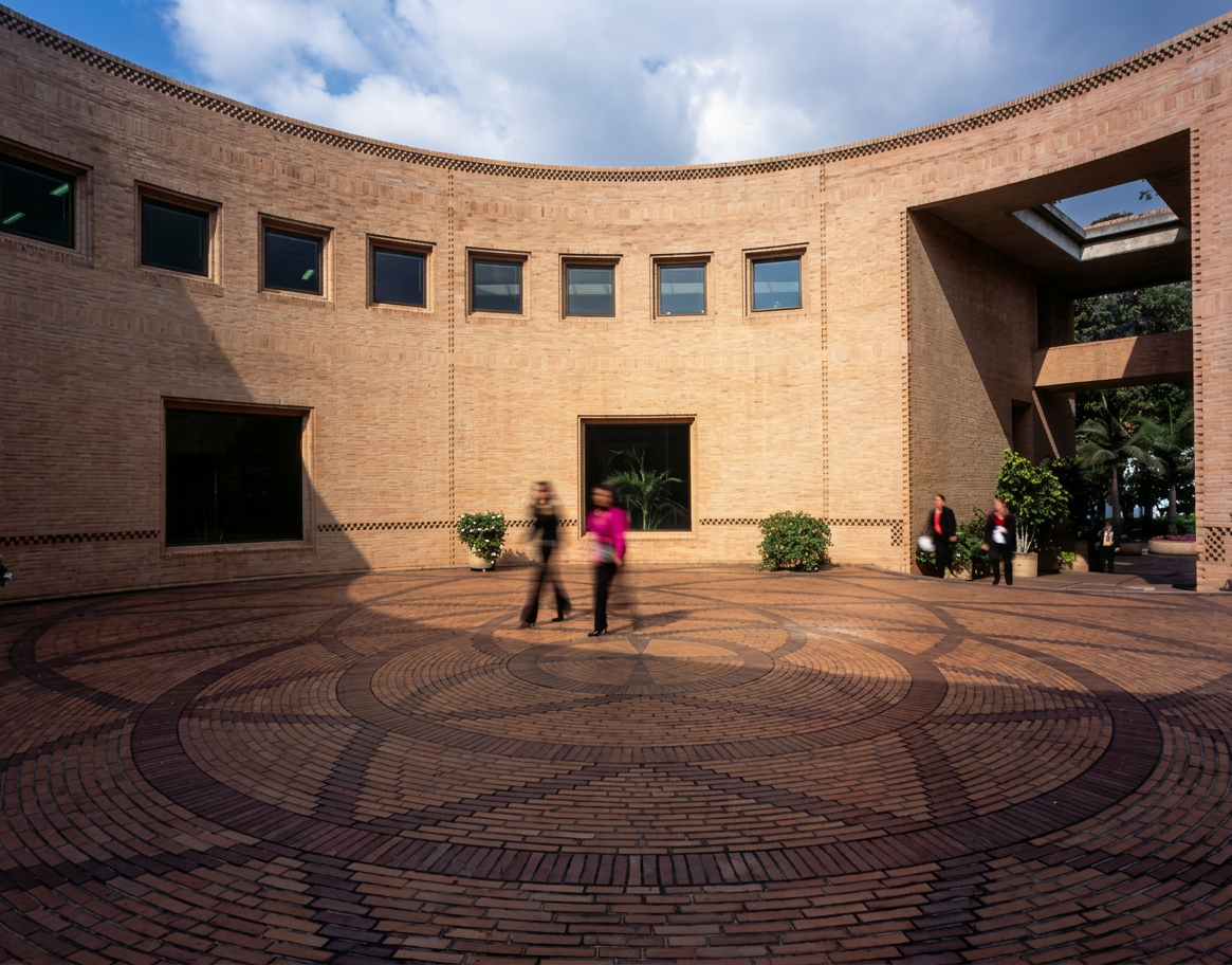 Archivo General de la Nación - Bogotá Brick courtyard with circular patterned paving, curved walls, windows, and several people