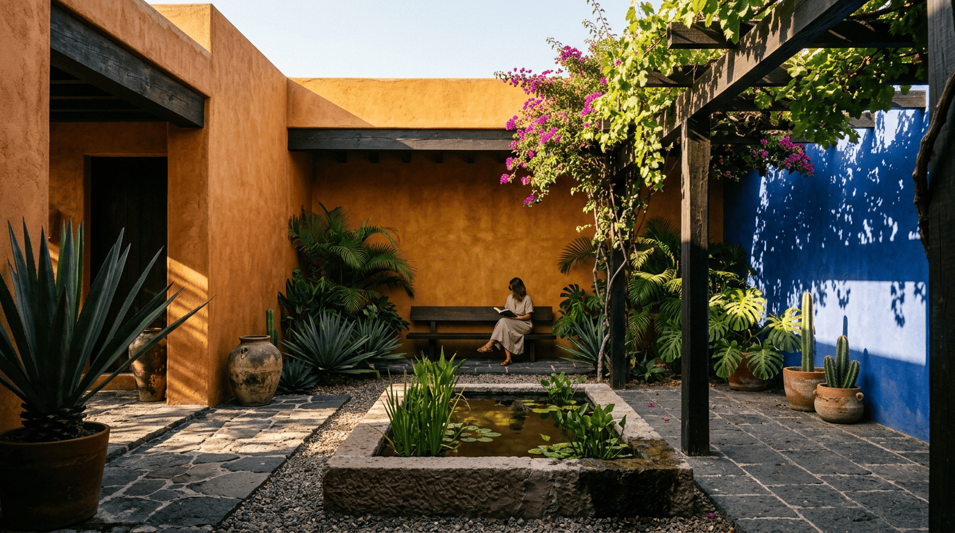 Woman reading beside a lily pond in a colorful courtyard garden